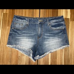Altar’d State Womens Shorty denim jean shorts with fringe